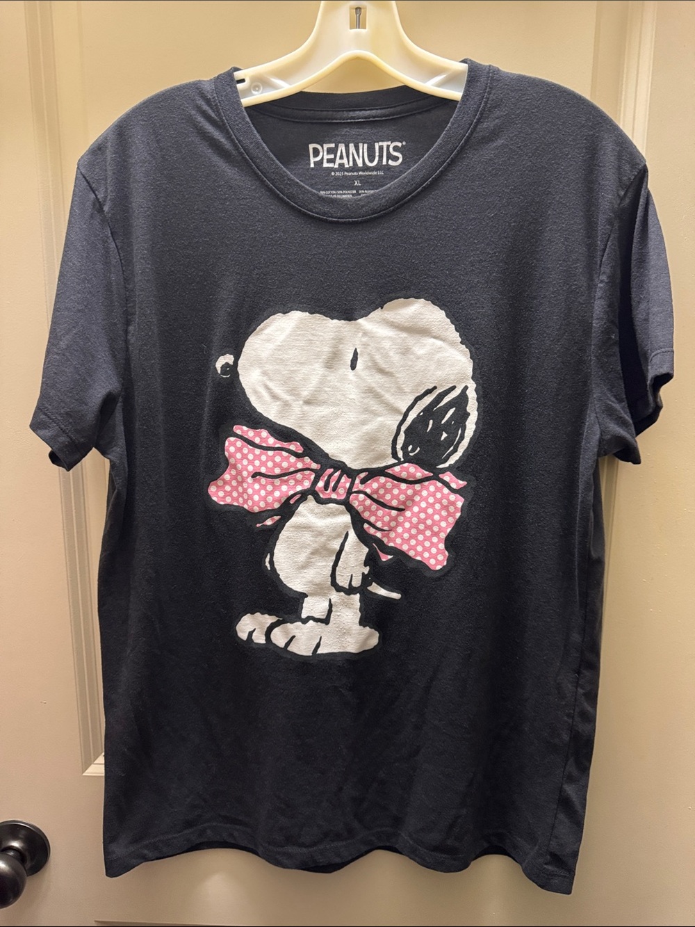 Peanuts Black Tee with White Snoopy and Pink Polka Dot Bow